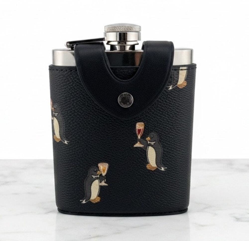 NWT Coach Flask Penguin Print Gunmetal Black Multi CCP87 Leather Wrapped New